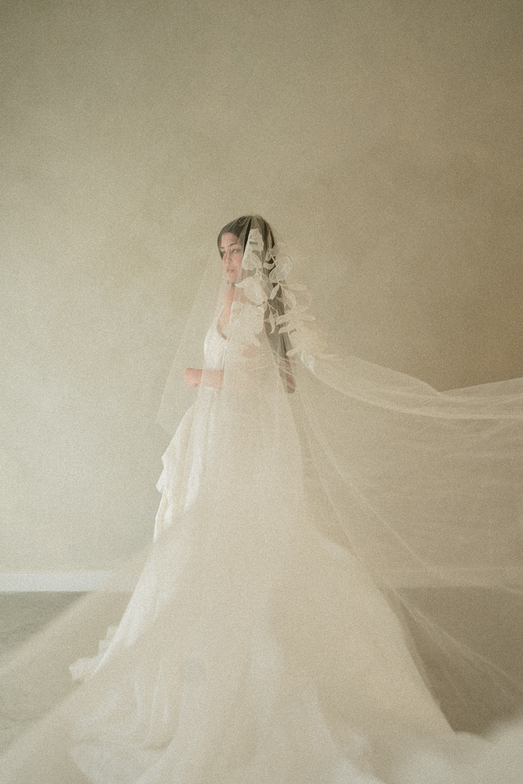 Handcrafted cathedral veil in warm ivory with floral embroidery from crown to fingertip, in ethereal editorial