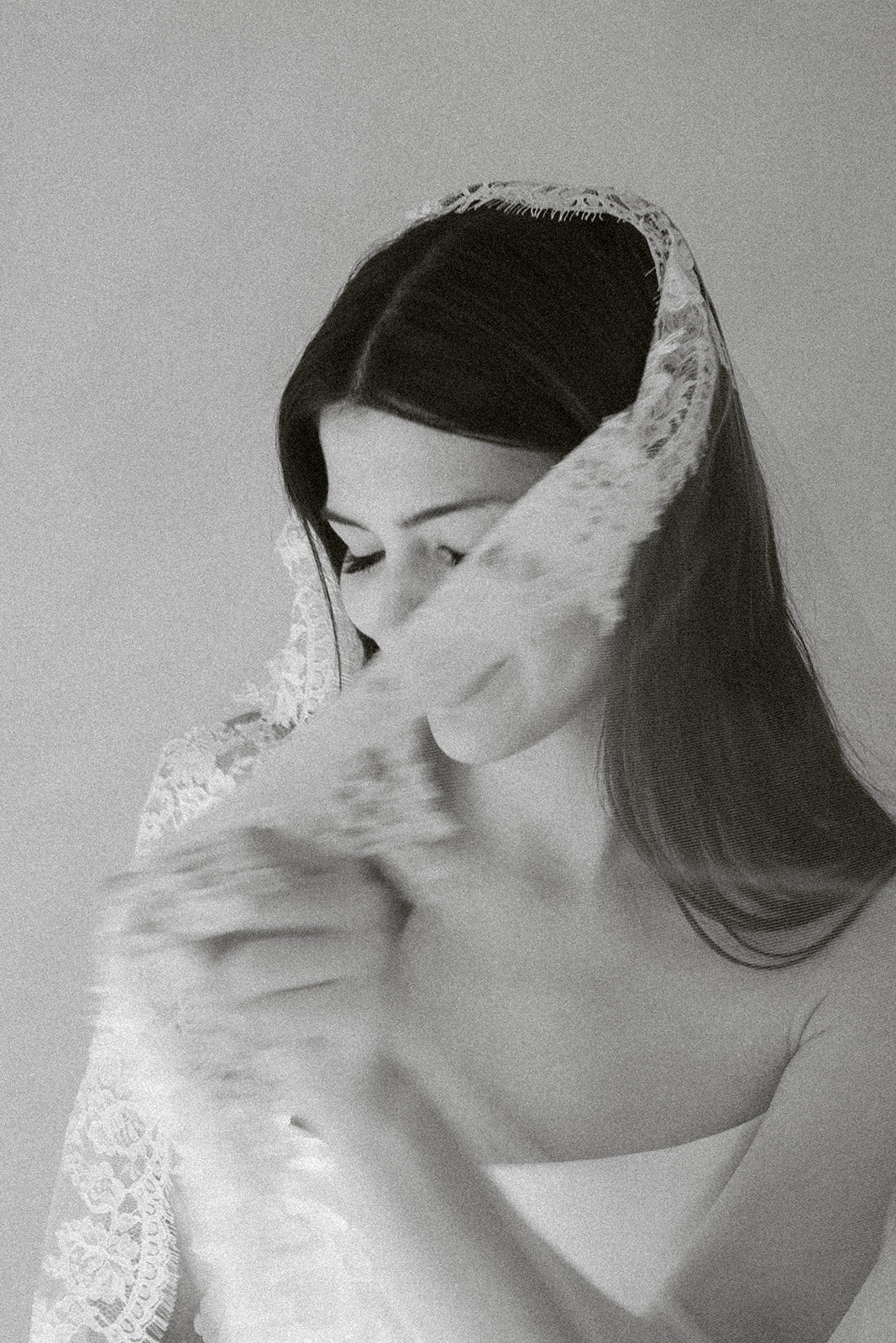 Céleste cathedral veil side profile editorial with classic mantilla drape
