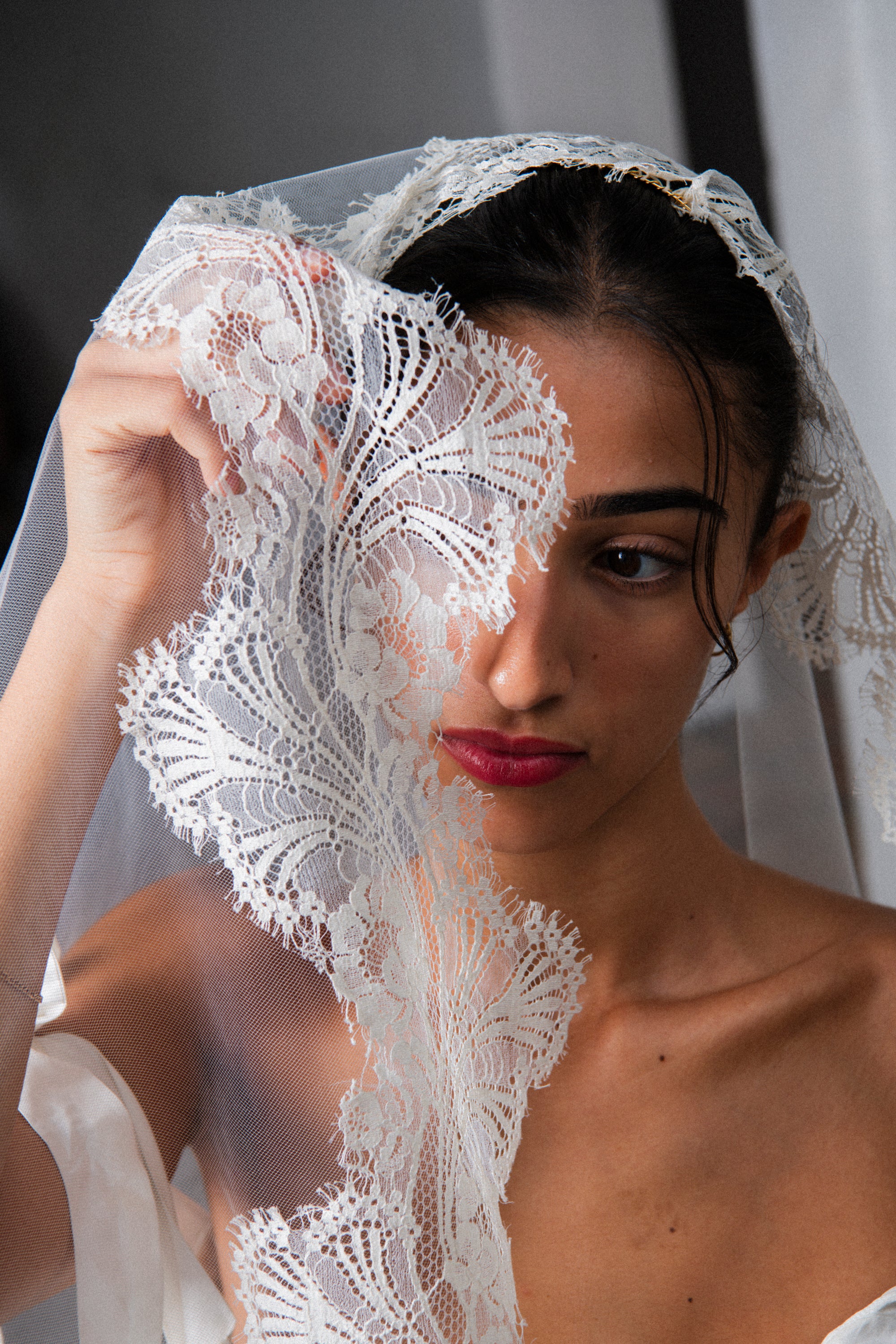 Bride wearing Clair de Lune griege mantilla veil on ivory tulle, close-up detail of French Leavers lace
